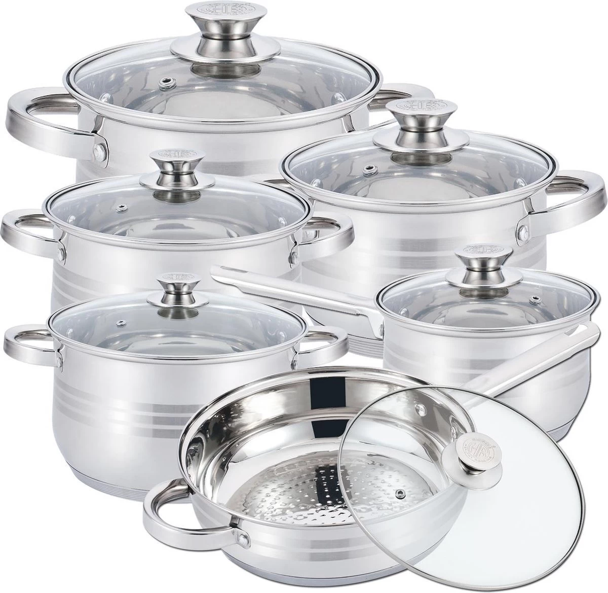 Herzberg Pannenset – 12-Delig – Voor Inductie En Gas – Vaatwasser Bestendig – RVS Met Glazen Deksels