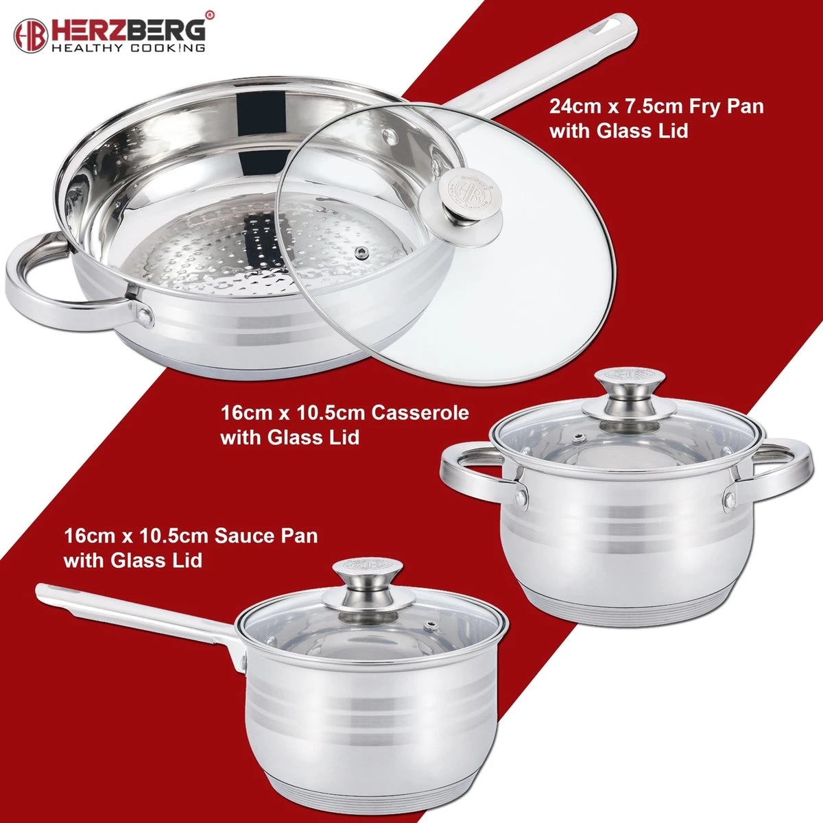Herzberg Pannenset – 12-Delig – Voor Inductie En Gas – Vaatwasser Bestendig – RVS Met Glazen Deksels - Afbeelding 3