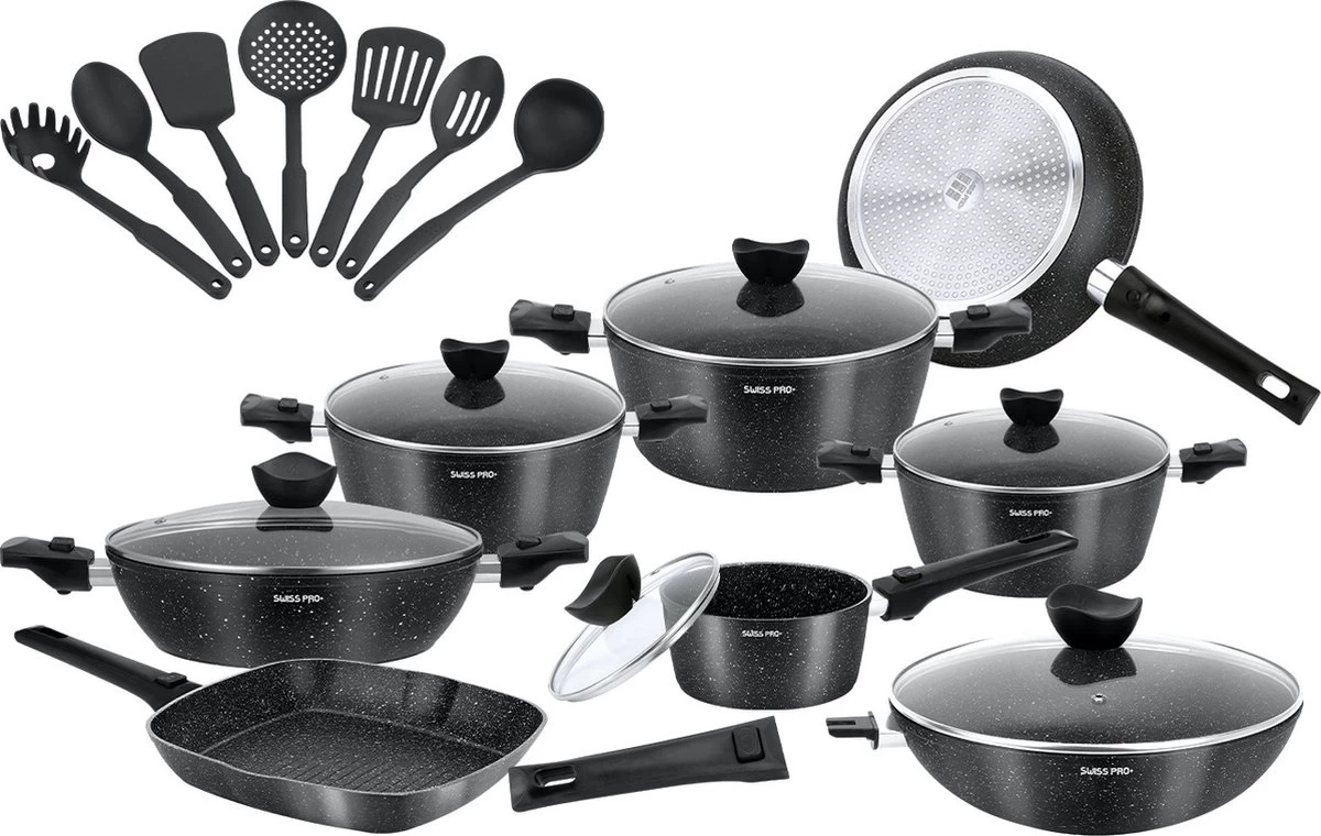 Royal Swiss® - 33-delige Pannenset Inductie - Pannensets - Afneembare Handgreep - Glazen Deksel - Geschikt Voor Oven - PFAS-vrij