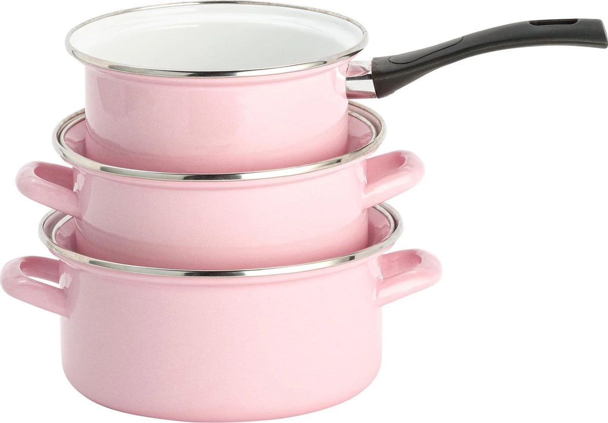 Lite-Body Pannenset - 3-delig - 2 Kookpannen & 1 Steelpan - Emaille - Serafijn Roze - Afbeelding 4